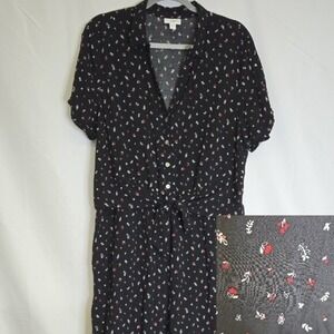 J. Jill Wide Leg Tie Front Floral Jumpsuit, Pockets, Casual Boho, Black, Large